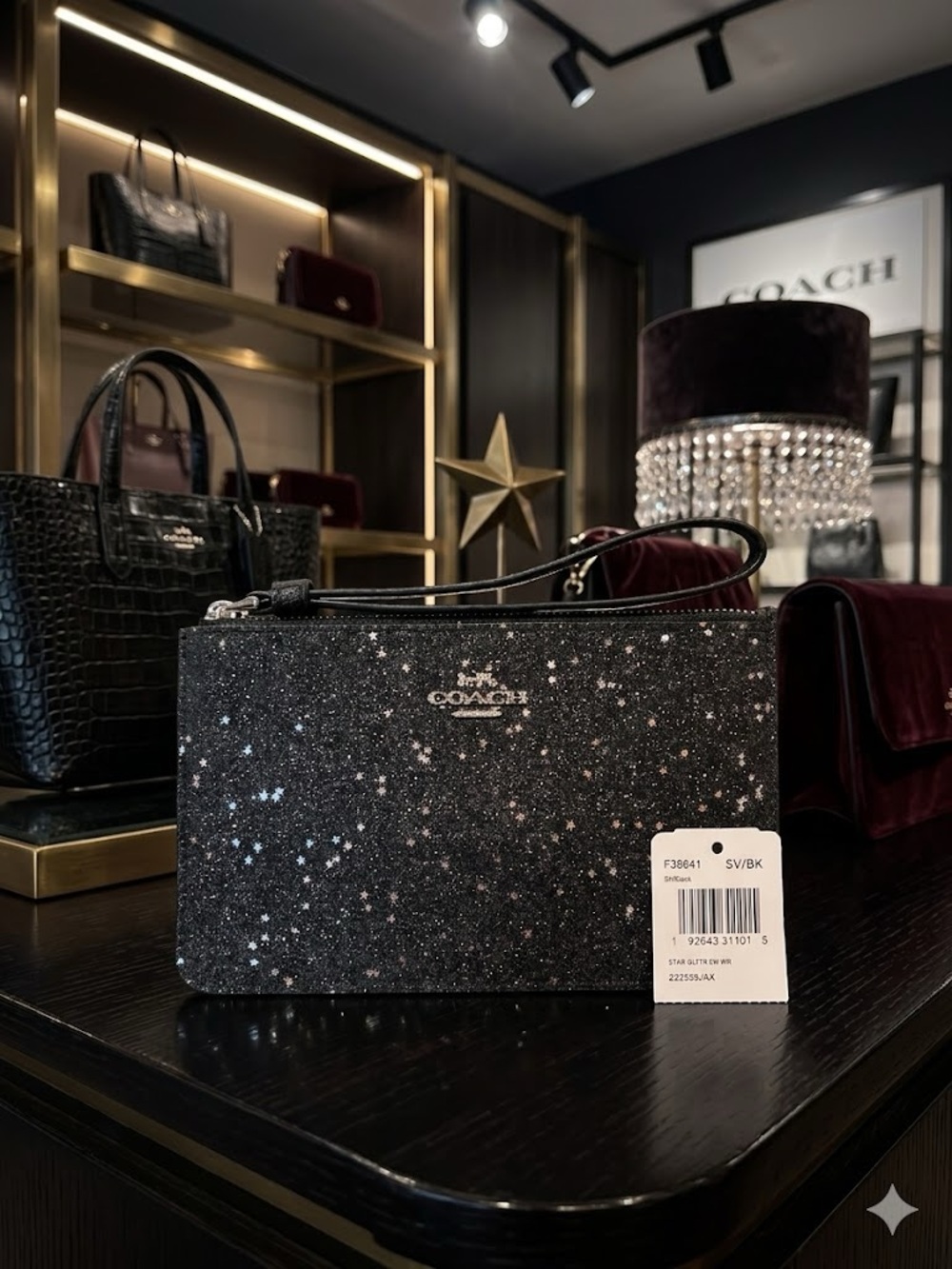 Coach Black Glitter Star Print Wristlet NWT - Picture 6 of 6